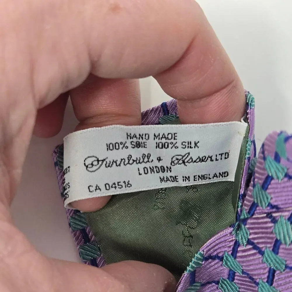 TURNBULL & ASSER SILK TIE PURPLE BLUE GREEN GEOMETRIC CHECKER SATIN 3.5" X 57" - Picture 3 of 3